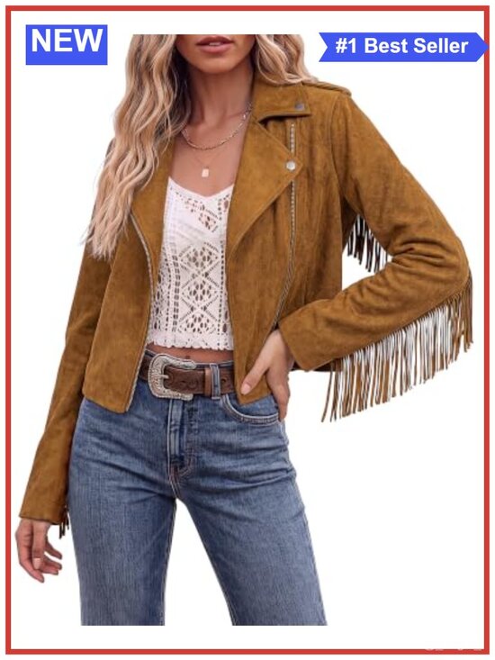 Jackets & Blazers - Faux Suede Cropped Fringe Jacket Western Zip Up Moto Casual